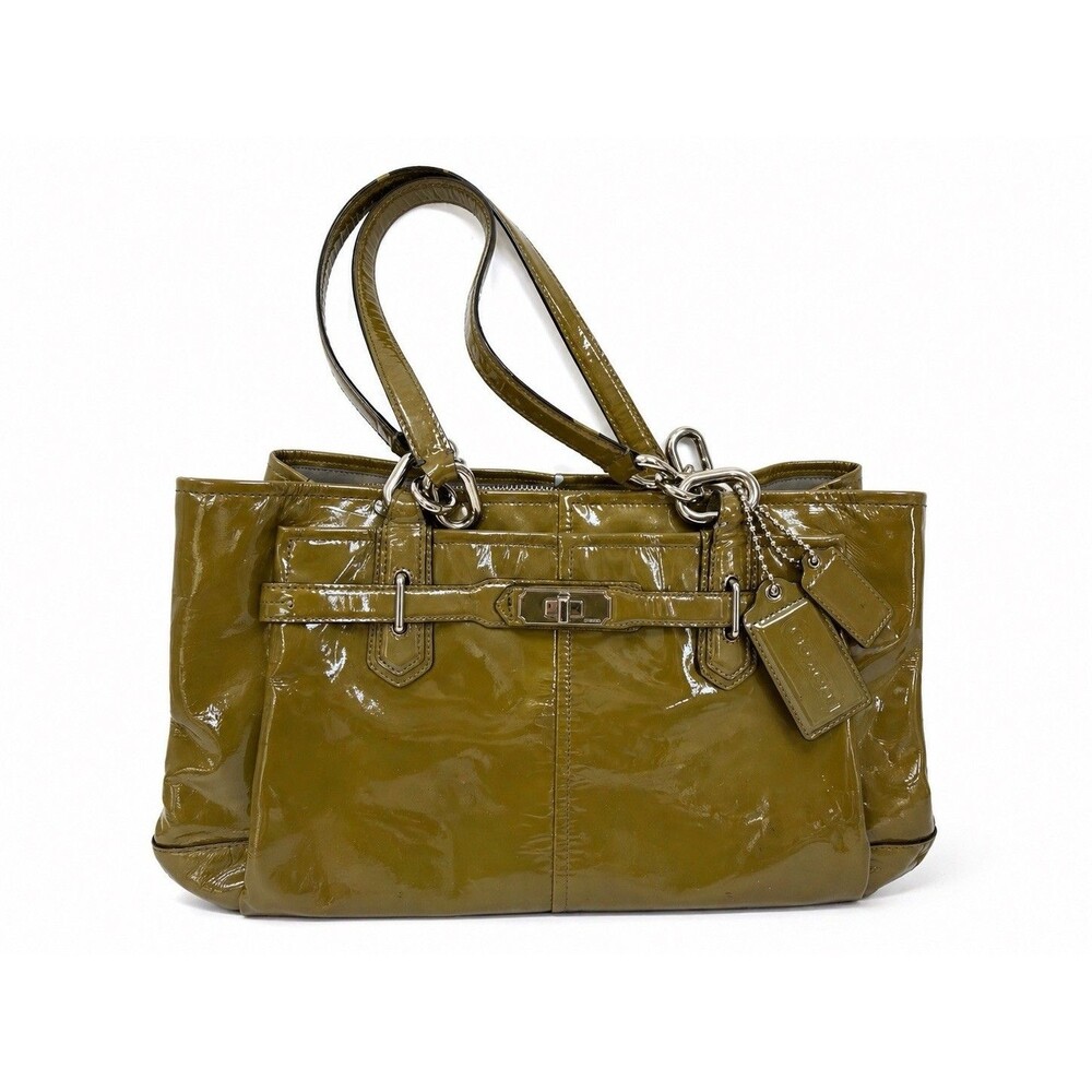 Coach Olive Green Patent Leather Tote Bag Shoulder Purse Silver